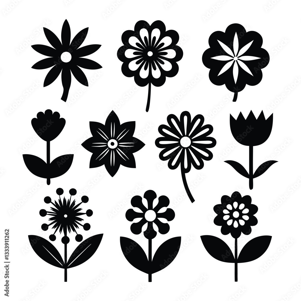 Obraz premium set of different Flower icons of silhouette vector illustration isolated on white background