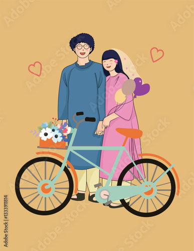 Traditional Vietnamese Wedding Couple in Chibi Cartoon Style