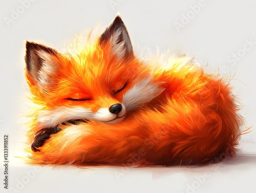 Plump  Fluffy Fox Resting in Curled Up Position on White Background with Copy Space