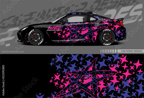 Car wrap design vector with black, pink, white colour. Abstract decal livery. Sticker vinyl body car. Suitable for racing, drift, rally or daily use 