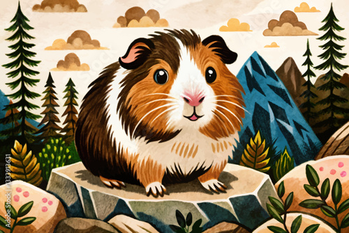 guinea pig in rocky mountains background abstract field