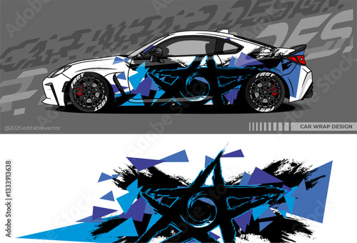 Car wrap design vector with black, white, blue colour. Abstract star decal livery. Sticker vinyl body car. Suitable for racing, drift, rally or daily use 