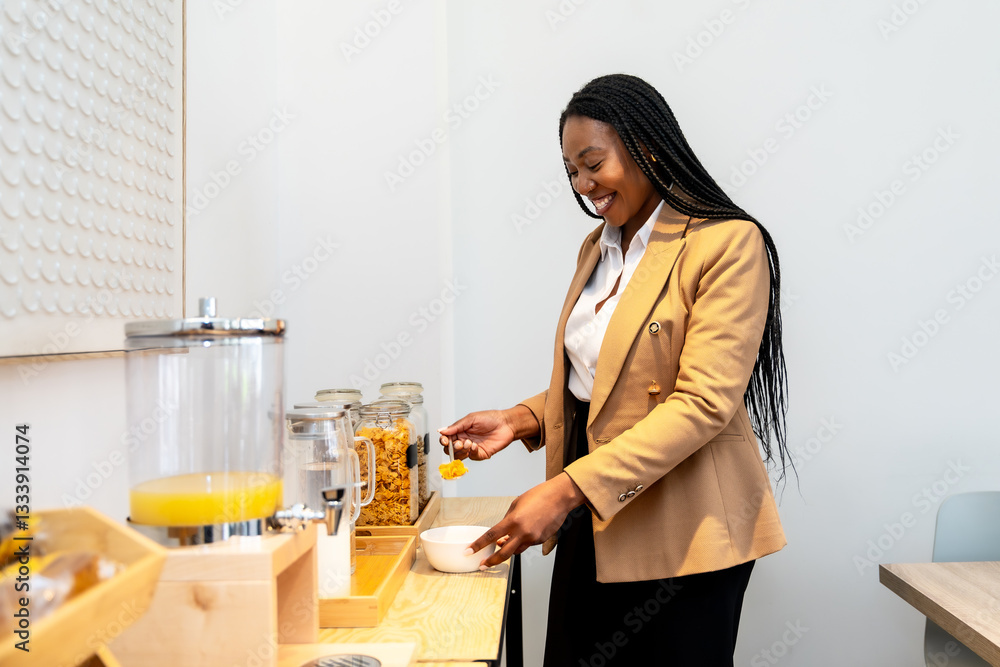 Businesswoman having breakfast at hotel buffet during business trip Businesswoman having breakfast at hotel buffet during business trip