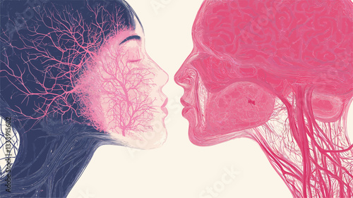 The image is a stylized illustration depicting two human heads in profile, facing each other in a kiss. The heads are rendered with translucent skin revealing the underlying vascular system,