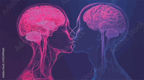 The image is a digital illustration depicting two semi-transparent human heads in profile, facing each other in a kiss.  Their brains are prominently visible, rendered in shades of pink and blue,