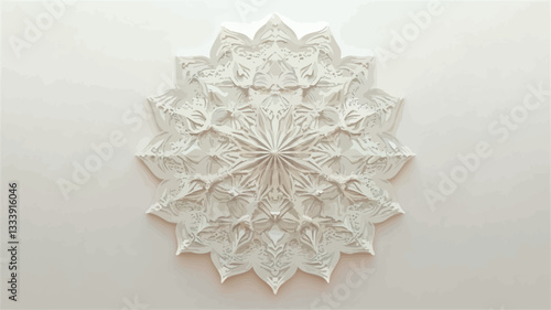 Close-up shot of a white, circular ornament with an intricate, floral-like design. The ornament appears to be three-dimensional, with a raised relief texture. The pattern is symmetrical and radial,