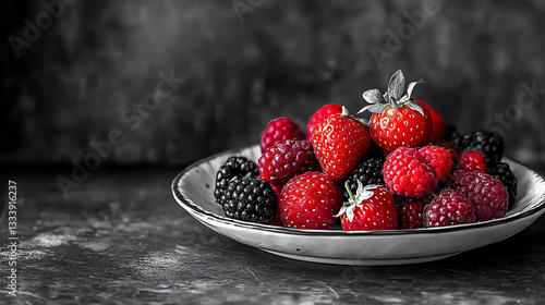 A contrasty black-and-white breakfast scene with just the berries in full color 