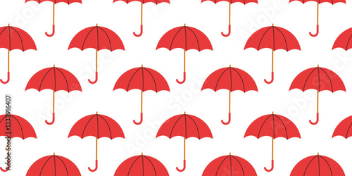 Pattern of red umbrellas on a white background for design and decoration purposes