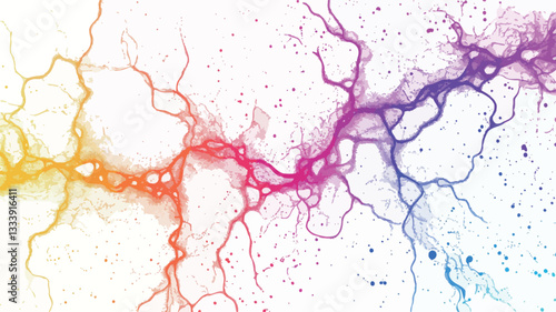 The image is a digital illustration featuring an abstract network of lines resembling veins or capillaries.  The lines are multicolored, ranging from orange and yellow to pink, purple, and blue,