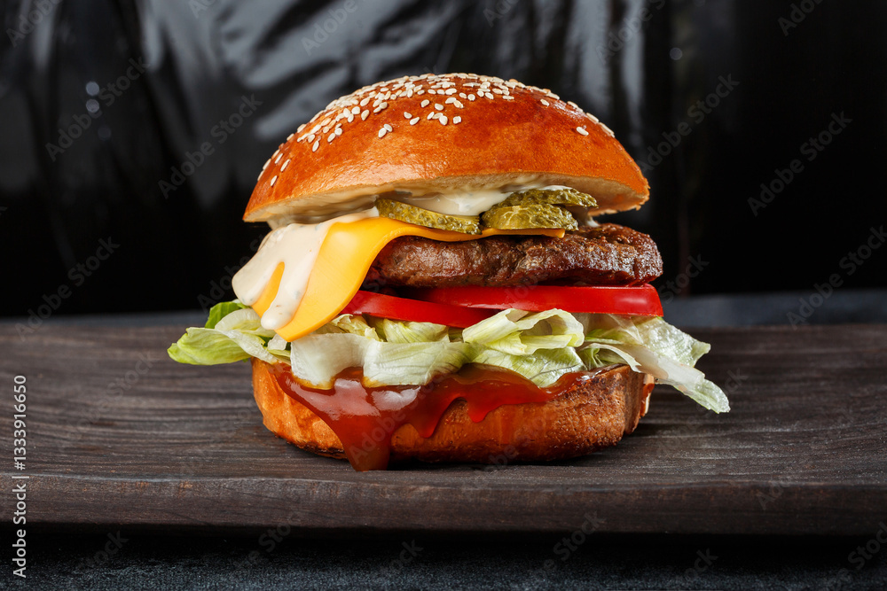 Seamless pattern of juicy cheeseburgers. Perfect for fast food advertising, menu backgrounds, and digital marketing designs