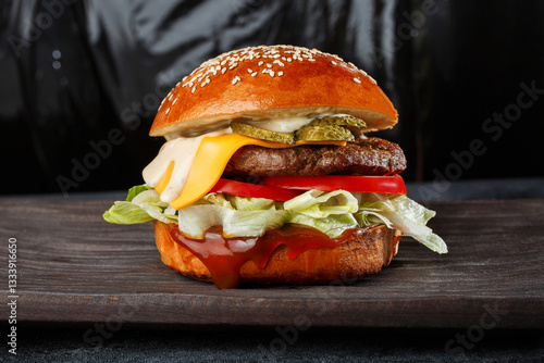 Obraz na płótnie Seamless pattern of juicy cheeseburgers. Perfect for fast food advertising, menu backgrounds, and digital marketing designs w salonie