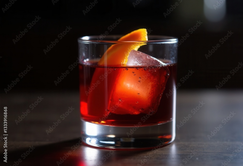 Negroni cocktail with orange garnish and ice Negroni cocktail with orange garnish and ice