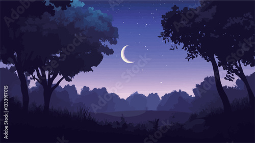 Digital illustration depicting a crescent moon in a night sky above a silhouetted forest.  The color palette is predominantly dark blues and purples, with the moon rendered in bright white.  The