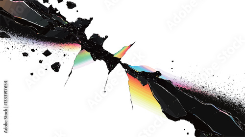 The image presents an abstract composition featuring a fractured, fragmented form primarily in black against a white background.  The fracture appears to split into two distinct parts, with a