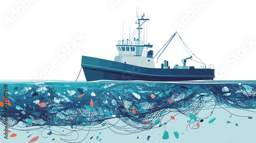 A digital illustration depicting a fishing trawler partially submerged in the ocean.  The underwater portion reveals a significant amount of plastic waste, fishing nets, and other debris