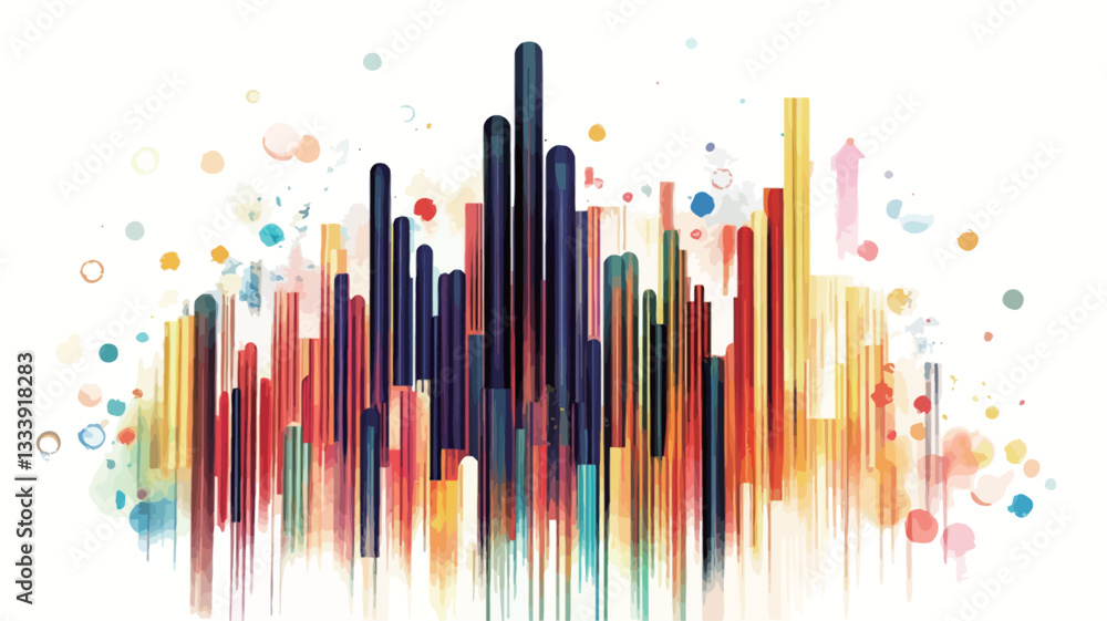 Obraz premium The image is a digital illustration depicting an abstract cityscape. It features a collection of vertical, multicolored bars of varying heights and widths, reminiscent of buildings in a city