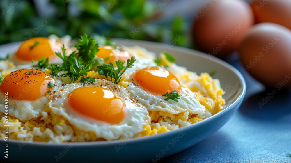 Delicious kedgeree with fried eggs on a bright background perfect for culinary presentations Delicious kedgeree with fried eggs on a bright background perfect for culinary presentations