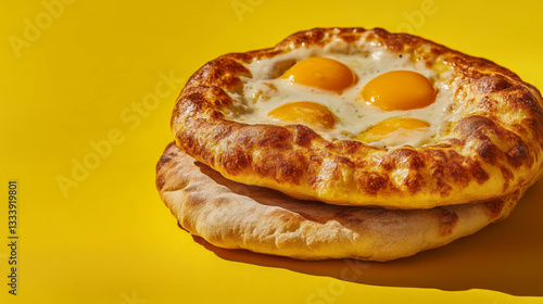 Delicious khachapuri with sulguni cheese and eggs on bright yellow background