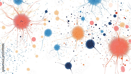 The image is a digital illustration featuring numerous colorful splashes and splatters against a white background. The splashes are primarily in shades of blue, orange, red, and yellow. They vary