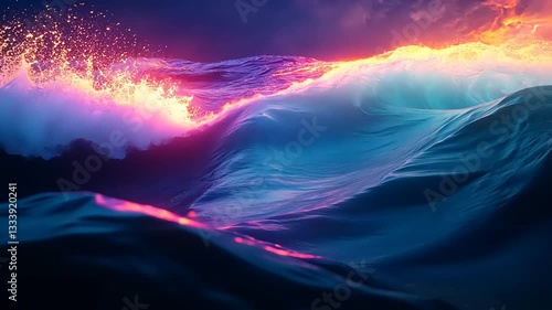Vibrant ocean waves illuminated by sunset hues, creating a serene and dynamic seascape