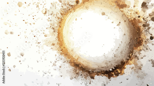 The image shows an abstract composition featuring brown splashes and splatters on a white background.  The splashes are concentrated in a roughly circular pattern, with smaller droplets scattered