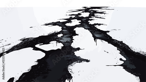 The image presents an abstract composition featuring a large, irregular splatter of black ink on a white background. The ink appears to have been applied in a dynamic, gestural manner, creating a