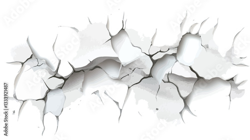 Close-up image of a white surface with extensive cracking. The cracks are irregular, varying in width and depth, creating a network of crevices across the entire frame.  The color is predominantly