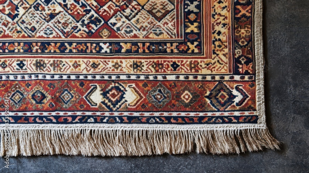 Detailed view showing a traditional patterned rug with fringe Detailed view showing a traditional patterned rug with fringe
