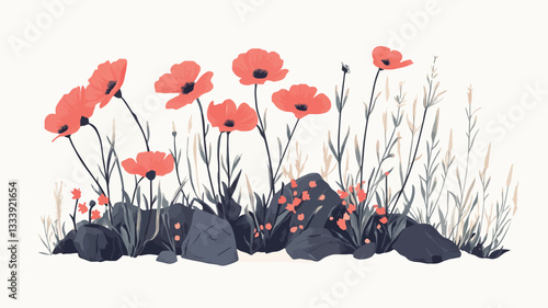 Digital illustration featuring a cluster of stylized red poppy flowers. The flowers are depicted with simplified forms and soft color gradients, against a white background.  The flowers are shown