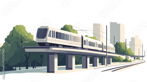 The image is a stylized vector illustration depicting a modern, white elevated train traveling above a city street.  The train is clean and sleek in design. The surrounding environment includes