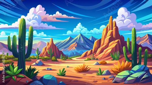 Stunning desert landscape with tall cacti under a vibrant blue sky filled with fluffy clouds and mountainous backdrop on a sunny day.