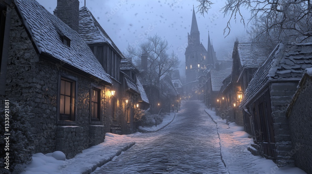 Fototapeta premium Snowy cobblestone street leads to a gothic church in winter