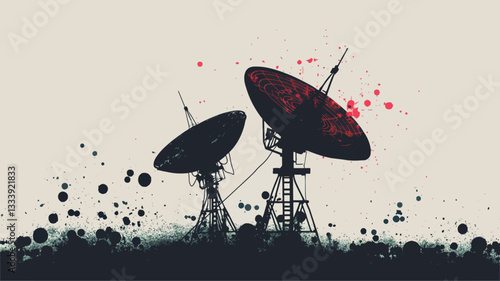 The image is a stylized digital illustration depicting two satellite dishes against a light beige background.  The dishes are rendered in shades of black and dark red, with a textured appearance.