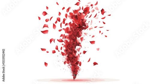 A digital illustration depicting a burst of red flower petals against a pure white background. The petals are various sizes and appear to be in motion, creating a dynamic and energetic effect.  The