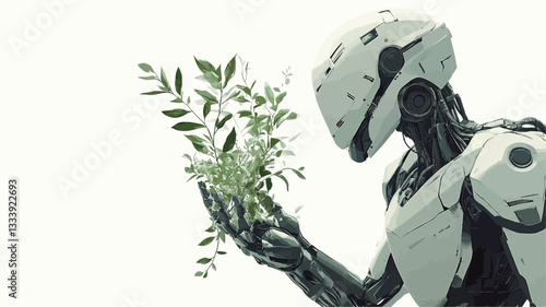 A digital illustration depicts a humanoid robot, primarily white and grey in color, with a helmet-like head.  The robot is shown in profile view, its hands gently cradling a small cluster of green
