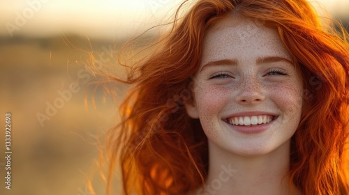 A vibrant teen, with fiery red hair framing a face illuminated by infectious laughter, captured the essence of youthful exuberance and joy. photo