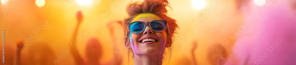 Young woman celebrating Holi festival covered in rainbow powder and wearing sunglasses. Generative AI Young woman celebrating Holi festival covered in rainbow powder and wearing sunglasses. Generative AI