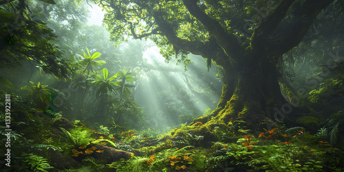 Wallpaper Mural Lush rainforest with ancient trees and sunbeams filtering through foliage Torontodigital.ca