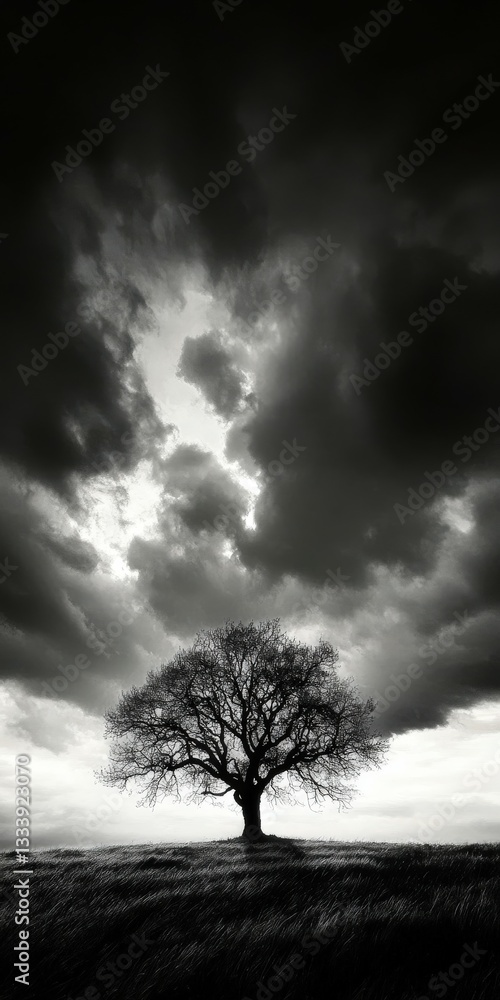 Obraz premium Majestic oak tree silhouetted against a dramatic sky in black and white