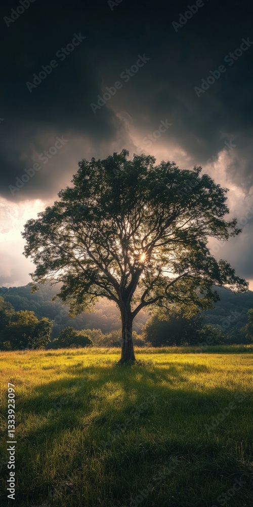 Fototapeta premium Majestic oak tree standing alone in a field beneath dramatic skies