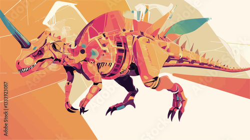 A stylized digital illustration depicting a dinosaur with cybernetic enhancements. The artwork features a vibrant color palette with predominantly warm tones of orange, pink, and yellow. The