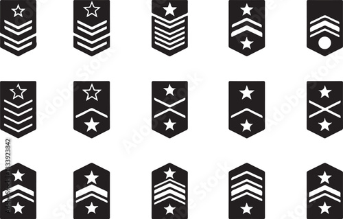 Set of Police, Army,  soldier sergeant icon vector. Police or soldier rank icon. Military stripes, emblems. Soldier Sergeant, Major, Officer, General, constable position symbol. Vector illustration.