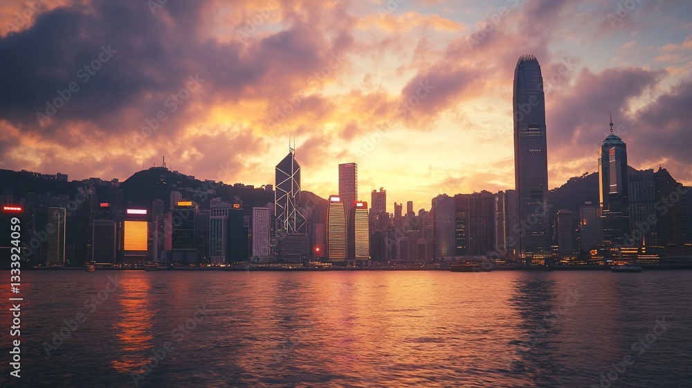 Fototapeta premium Mesmerizing golden hour cityscape of Hong Kong with vibrant reflections