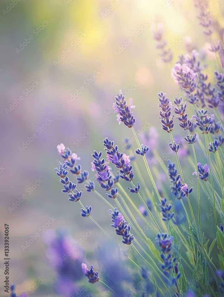 Naklejka premium Lavender flowers bloom beautifully under soft sunlight in a garden