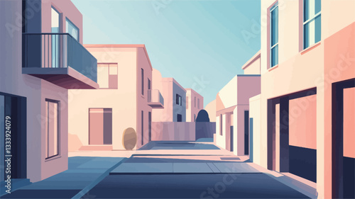 A digital illustration depicts a narrow residential street lined with modern, pastel-colored buildings. The style is minimalist, featuring clean lines and simple shapes.  The buildings are two