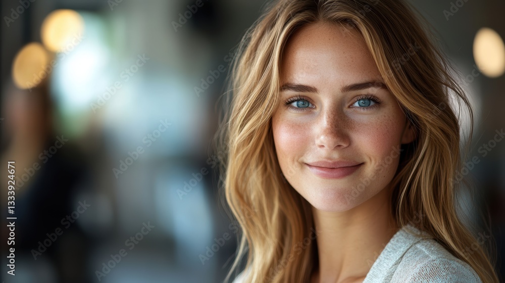 custom made wallpaper toronto digitalA vibrant young businesswoman with a warm, inviting smile, her eyes sparkling with confidence as she gazes directly into the camera, exuding an aura of professionalism and positivity.