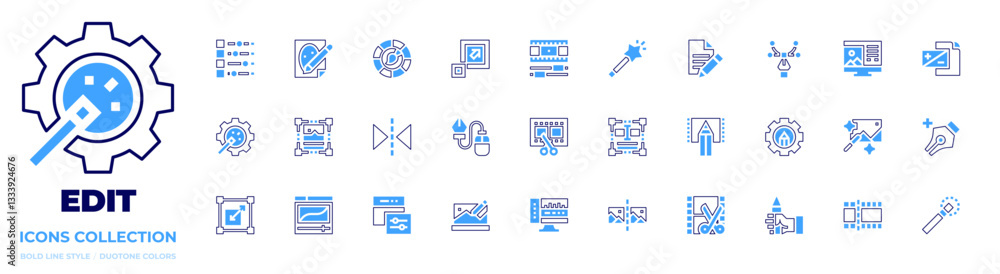 Edit icon collection. Bold line style. Duotone colors. file, video editing, video edition, image, movie, video editor, audio editing, editing, gear, flip Edit icon collection. Bold line style. Duotone colors. file, video editing, video edition, image, movie, video editor, audio editing, editing, gear, flip