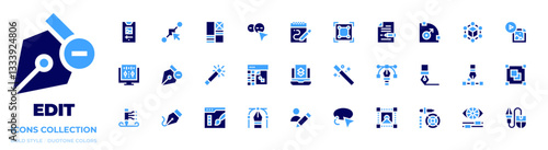 Edit icon collection. Bold style. Duotone colors. user, graphics edition, photo editing, sound editing, magic wand, highlighter, write, scale, add