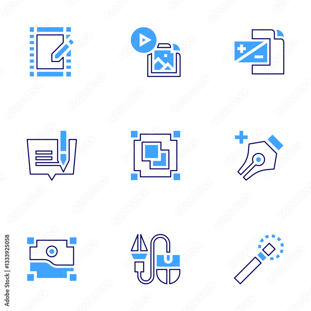 Edit icon set. Bold line style. Duotone colors. Editable stroke. video editing, edit, image, group, design tool, magic wand, motion, exposure, anchor Edit icon set. Bold line style. Duotone colors. Editable stroke. video editing, edit, image, group, design tool, magic wand, motion, exposure, anchor