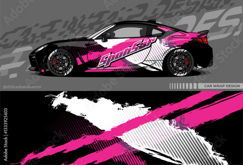 Car wrap design vector with black, pink, white colour. Abstract decal livery. Sticker vinyl body car. Suitable for racing, drift, rally or daily use 